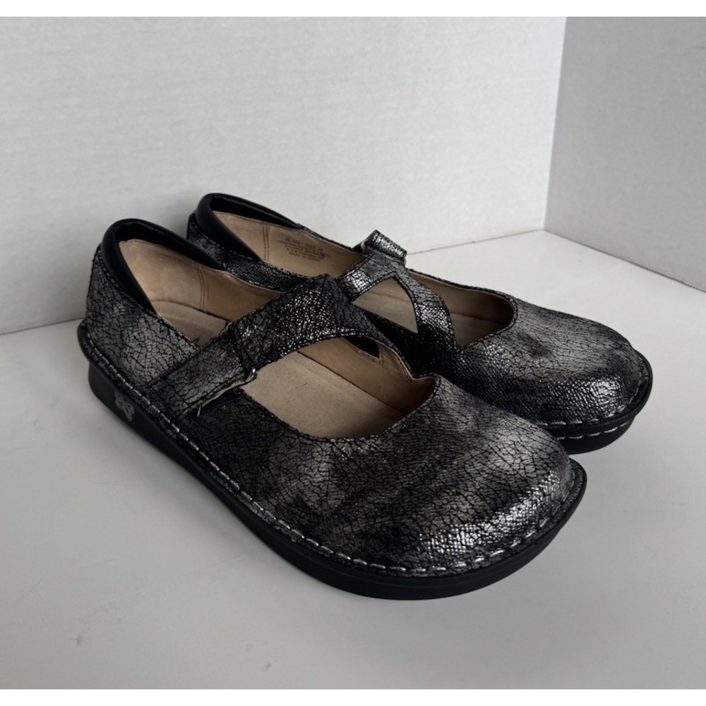 Alegria Mary Jane Shoes Black Silver Metallic Leather Onyx Crackle Women 39 - Picture 2 of 8